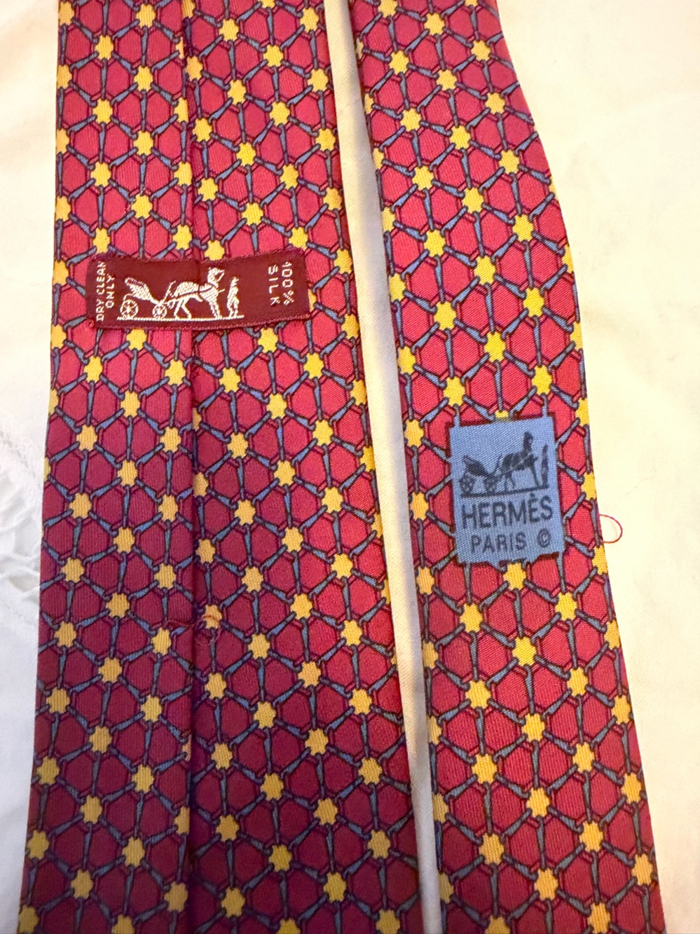 Hermes Red Silk Tie with Yellow & Blue Geometric Motif
